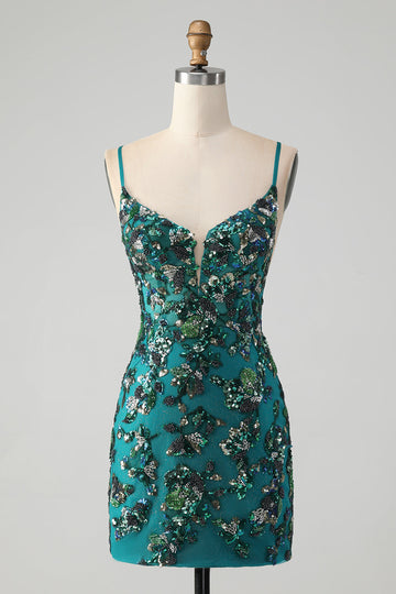 Vestido de cóctel ajustado con lentejuelas y cuentas de color verde oscuro brillante con cordones en la espalda